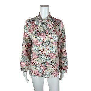 Vintage 80s Floral Blouse Women's Large Colorful Button Down Ascot Tie Shirt